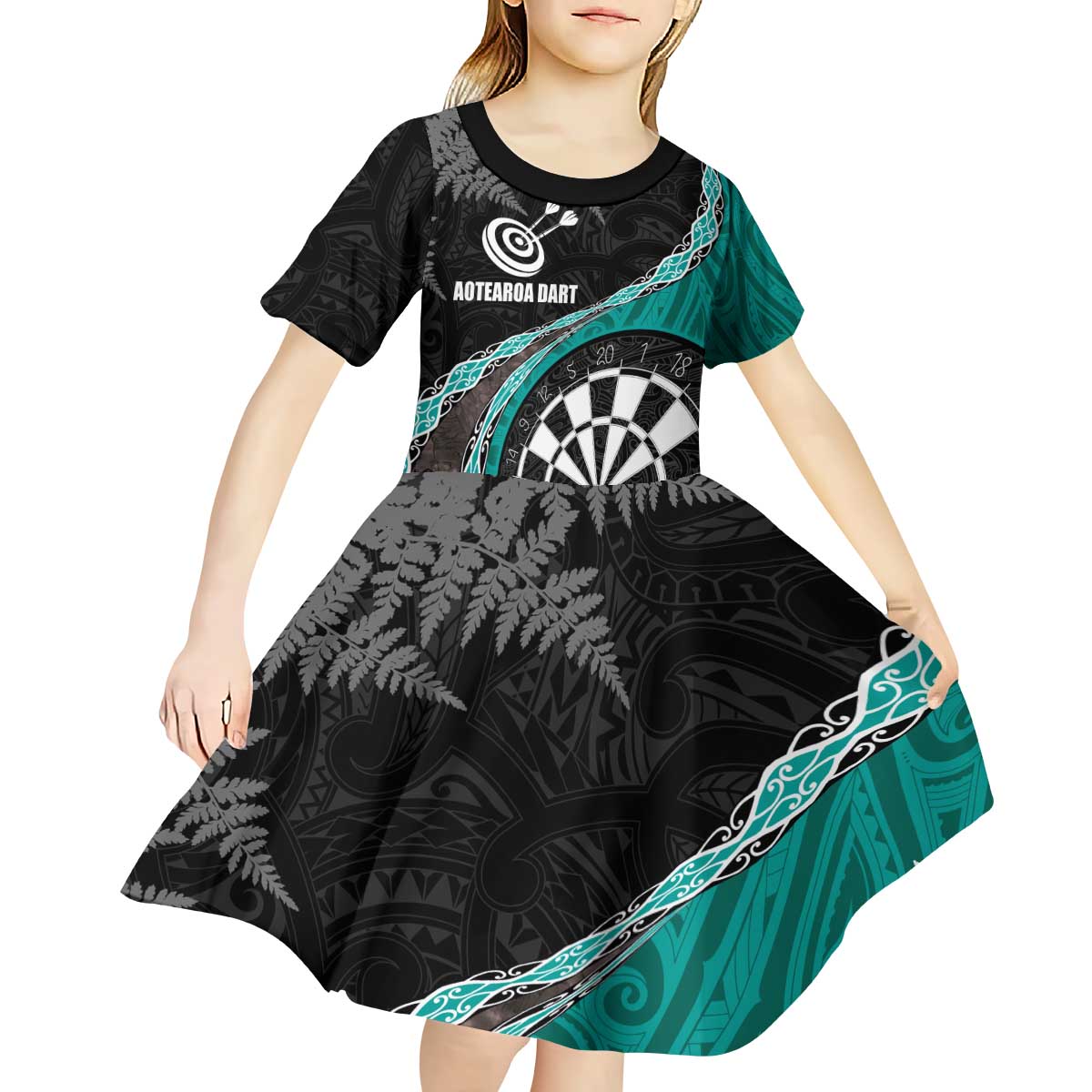 Personalised New Zealand Darts Kid Short Sleeve Dress Koru Tribal Tattoo and Silver Fern Maori Pattern Teal Color LT03 - Polynesian Pride