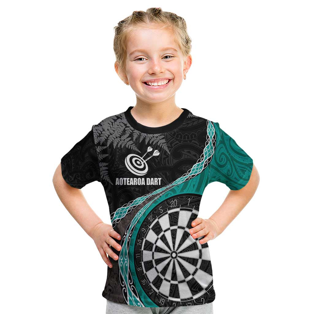 Personalised New Zealand Darts Kid T Shirt Koru Tribal Tattoo and Silver Fern Maori Pattern Teal Color LT03 Teal - Polynesian Pride