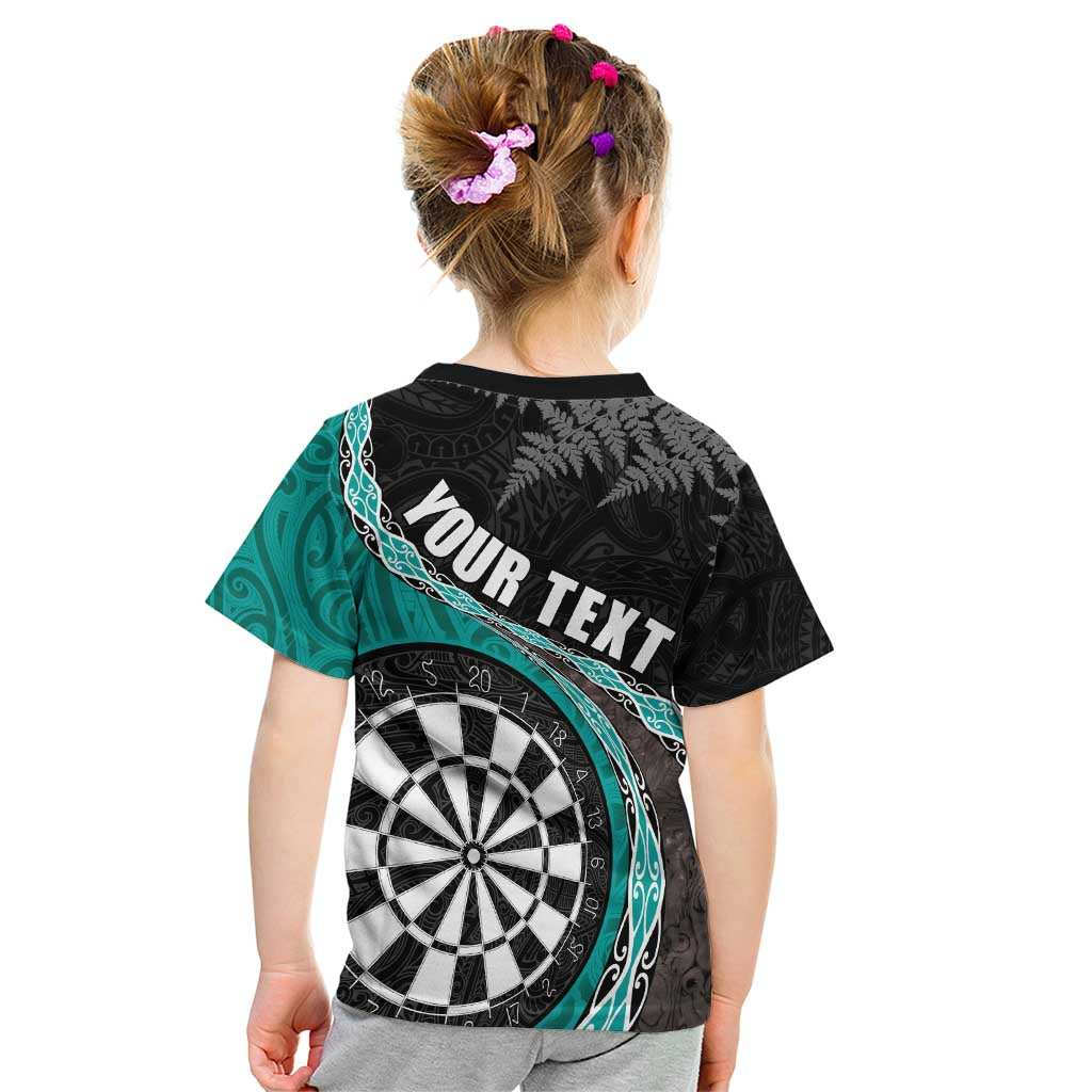 Personalised New Zealand Darts Kid T Shirt Koru Tribal Tattoo and Silver Fern Maori Pattern Teal Color LT03 - Polynesian Pride