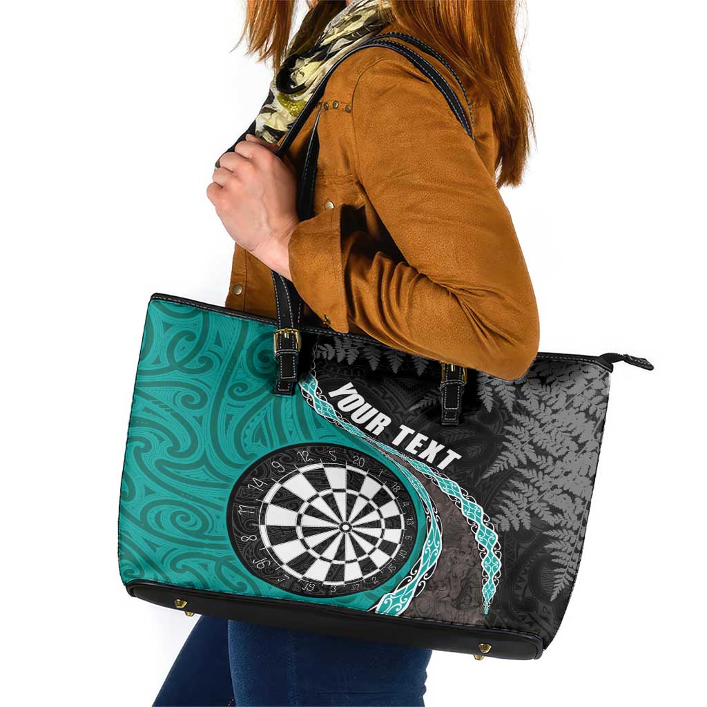 Personalised New Zealand Darts Leather Tote Bag Koru Tribal Tattoo and Silver Fern Maori Pattern Teal Color LT03 Teal - Polynesian Pride
