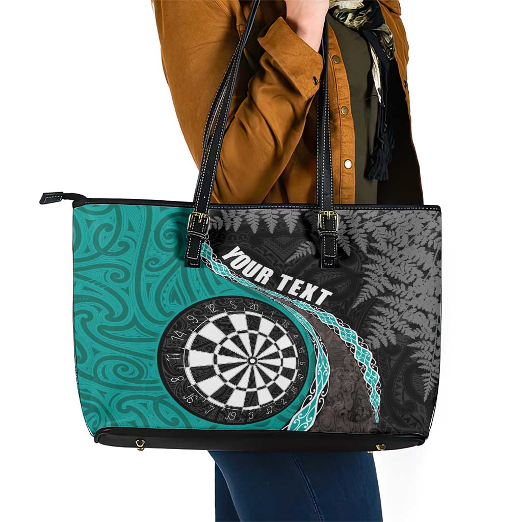 Personalised New Zealand Darts Leather Tote Bag Koru Tribal Tattoo and Silver Fern Maori Pattern Teal Color LT03 - Polynesian Pride
