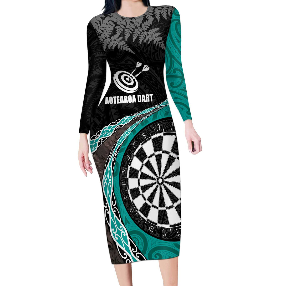 Personalised New Zealand Darts Long Sleeve Bodycon Dress Koru Tribal Tattoo and Silver Fern Maori Pattern Teal Color LT03 Long Dress Teal - Polynesian Pride