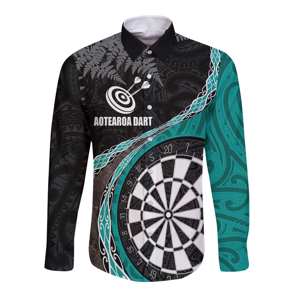 Personalised New Zealand Darts Long Sleeve Button Shirt Koru Tribal Tattoo and Silver Fern Maori Pattern Teal Color LT03 Unisex Teal - Polynesian Pride