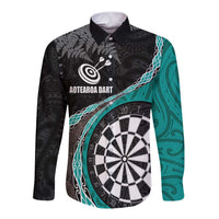 Personalised New Zealand Darts Long Sleeve Button Shirt Koru Tribal Tattoo and Silver Fern Maori Pattern Teal Color LT03 Unisex Teal - Polynesian Pride