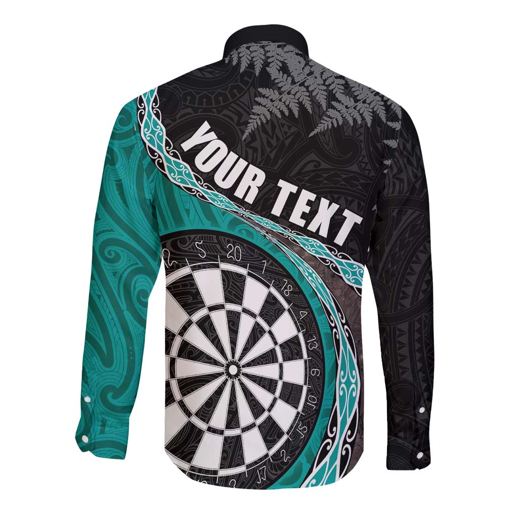 Personalised New Zealand Darts Long Sleeve Button Shirt Koru Tribal Tattoo and Silver Fern Maori Pattern Teal Color LT03 - Polynesian Pride