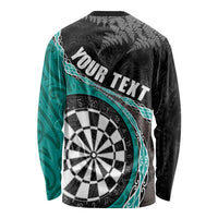 Personalised New Zealand Darts Long Sleeve Shirt Koru Tribal Tattoo and Silver Fern Maori Pattern Teal Color LT03 - Polynesian Pride