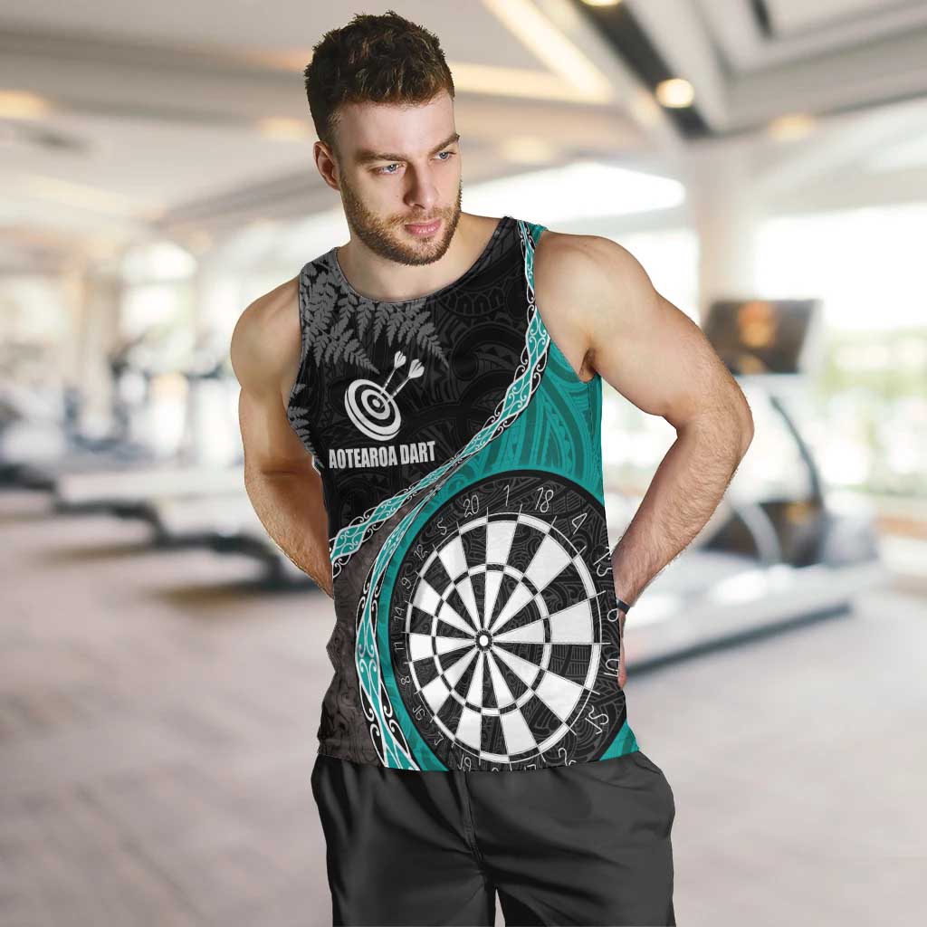 Personalised New Zealand Darts Men Tank Top Koru Tribal Tattoo and Silver Fern Maori Pattern Teal Color LT03 Teal - Polynesian Pride