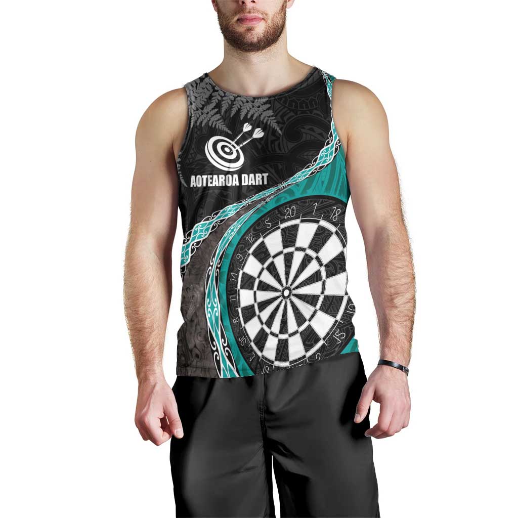 Personalised New Zealand Darts Men Tank Top Koru Tribal Tattoo and Silver Fern Maori Pattern Teal Color LT03 - Polynesian Pride