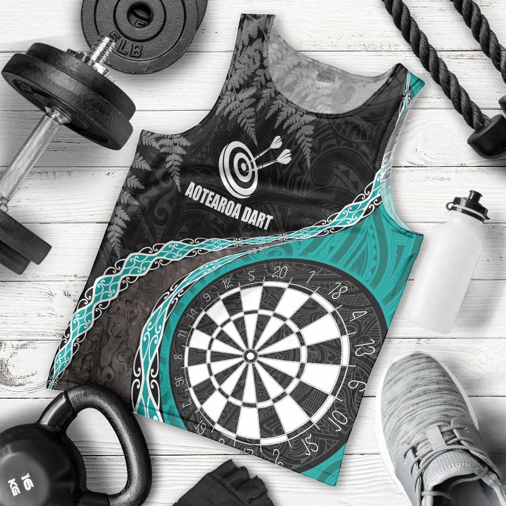 Personalised New Zealand Darts Men Tank Top Koru Tribal Tattoo and Silver Fern Maori Pattern Teal Color LT03 - Polynesian Pride