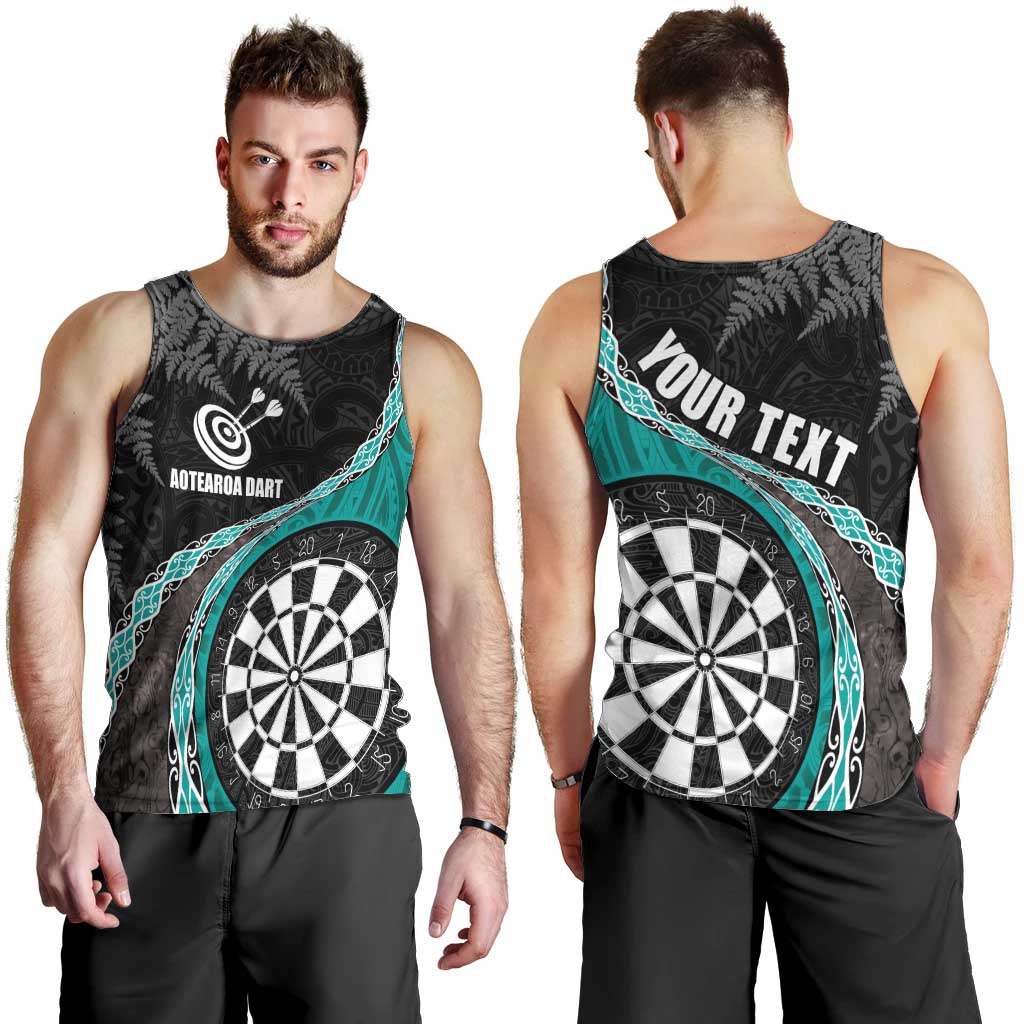 Personalised New Zealand Darts Men Tank Top Koru Tribal Tattoo and Silver Fern Maori Pattern Teal Color LT03 - Polynesian Pride