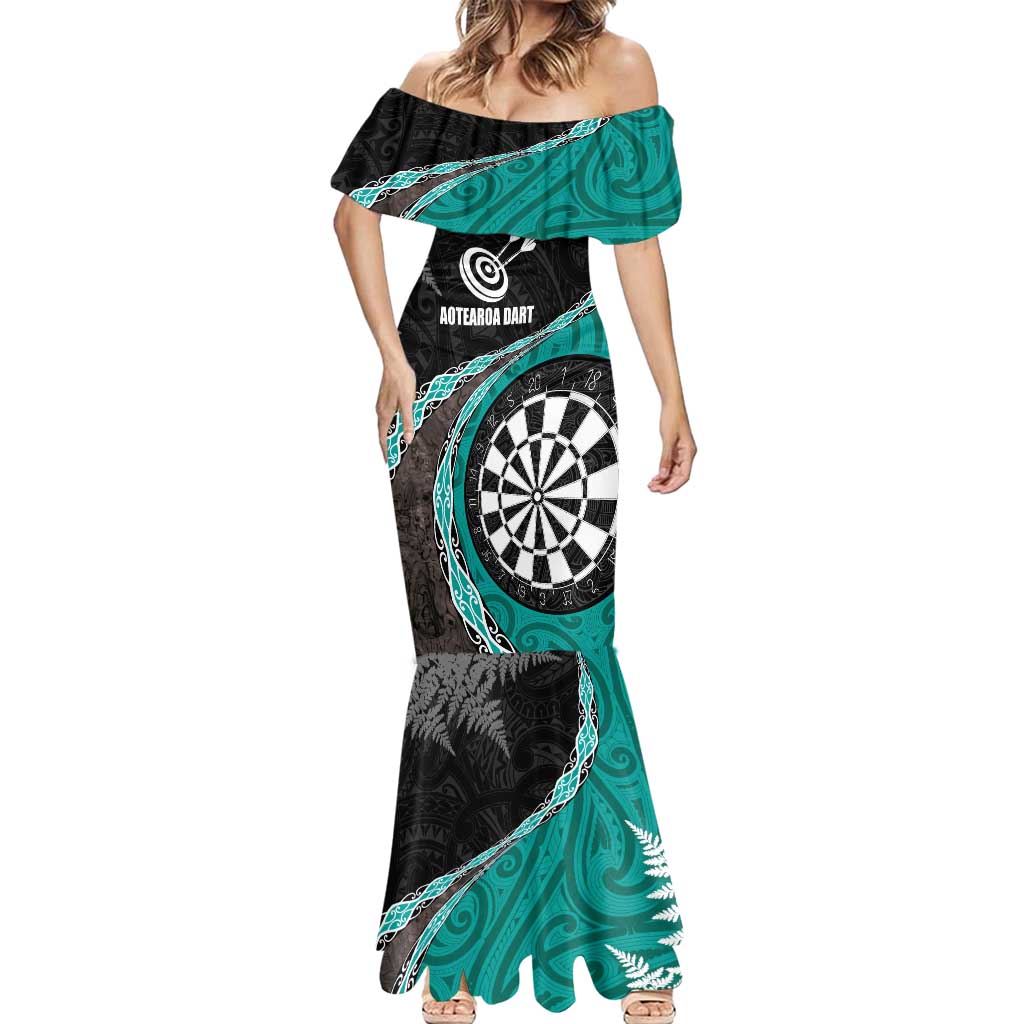 Personalised New Zealand Darts Mermaid Dress Koru Tribal Tattoo and Silver Fern Maori Pattern Teal Color LT03 - Polynesian Pride