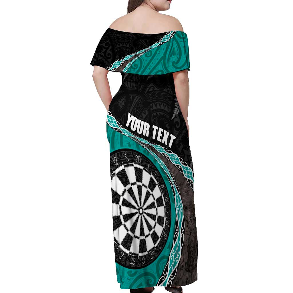 Personalised New Zealand Darts Off Shoulder Maxi Dress Koru Tribal Tattoo and Silver Fern Maori Pattern Teal Color LT03 - Polynesian Pride
