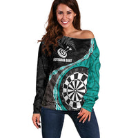 Personalised New Zealand Darts Off Shoulder Sweater Koru Tribal Tattoo and Silver Fern Maori Pattern Teal Color LT03 Women Teal - Polynesian Pride