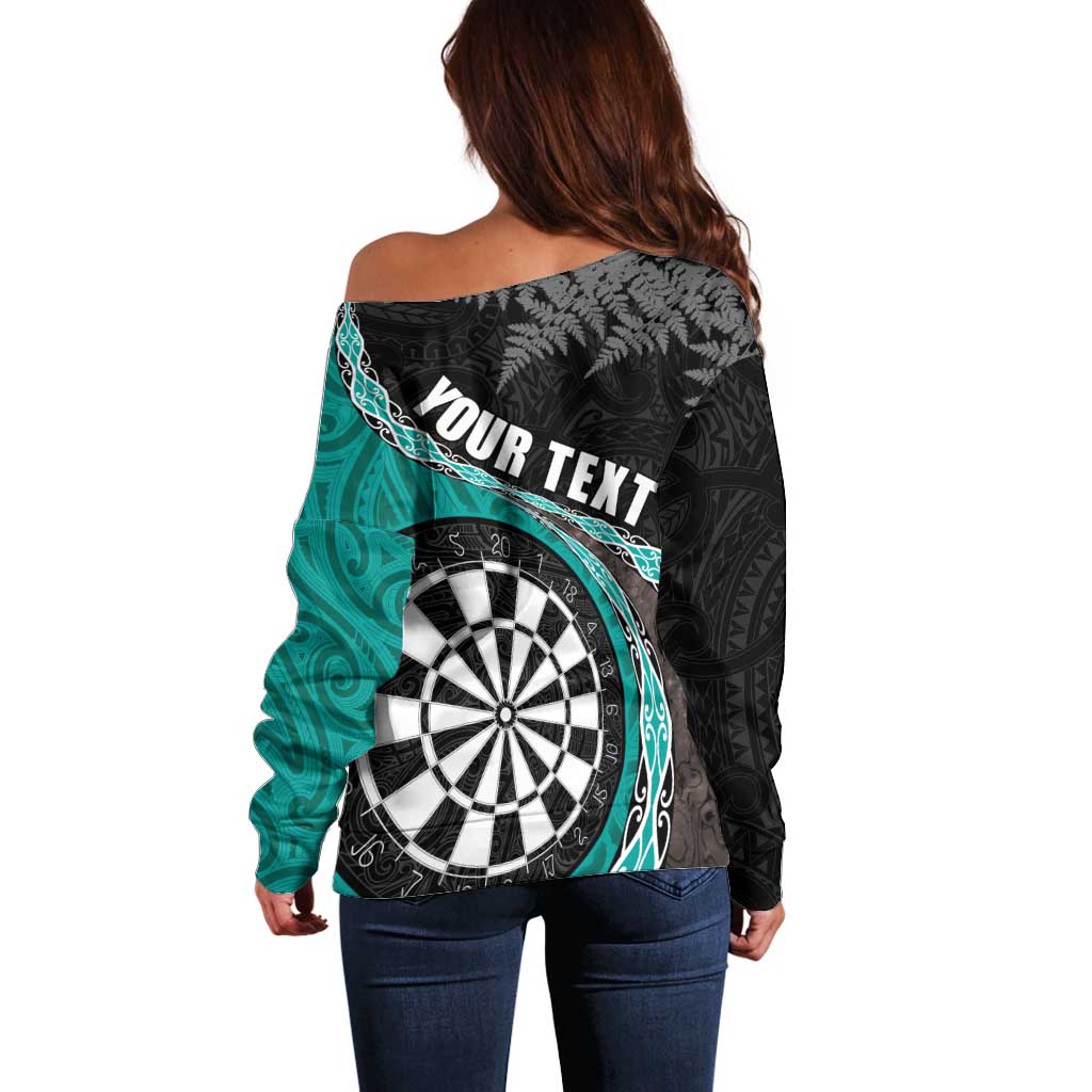 Personalised New Zealand Darts Off Shoulder Sweater Koru Tribal Tattoo and Silver Fern Maori Pattern Teal Color LT03 - Polynesian Pride
