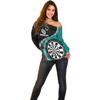 Personalised New Zealand Darts Off Shoulder Sweater Koru Tribal Tattoo and Silver Fern Maori Pattern Teal Color LT03 - Polynesian Pride