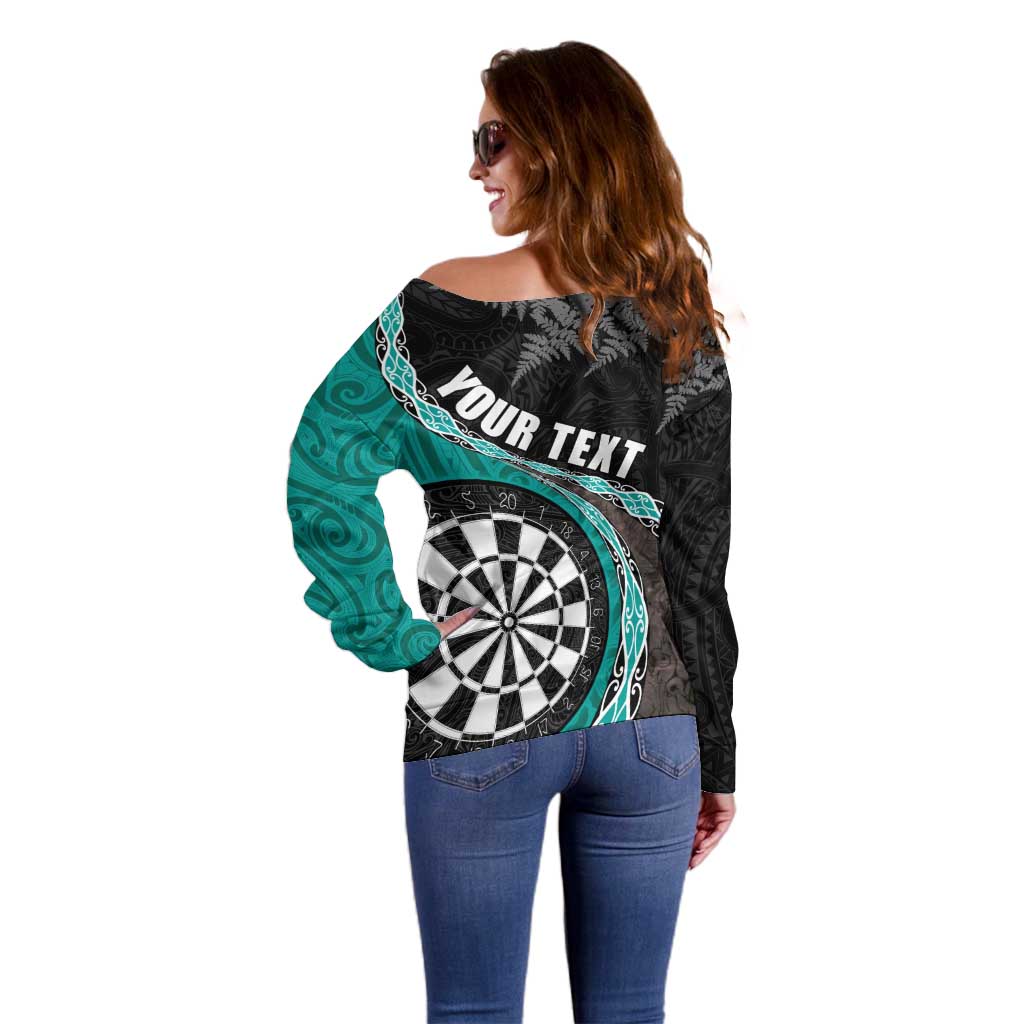 Personalised New Zealand Darts Off Shoulder Sweater Koru Tribal Tattoo and Silver Fern Maori Pattern Teal Color LT03 - Polynesian Pride