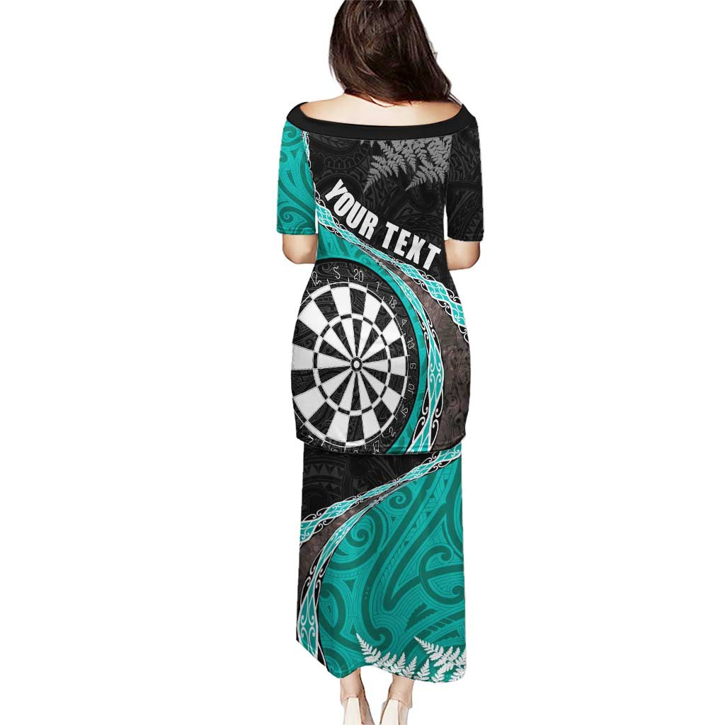 Personalised New Zealand Darts Puletasi Koru Tribal Tattoo and Silver Fern Maori Pattern Teal Color LT03 - Polynesian Pride