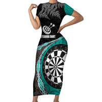 Personalised New Zealand Darts Short Sleeve Bodycon Dress Koru Tribal Tattoo and Silver Fern Maori Pattern Teal Color LT03 Long Dress Teal - Polynesian Pride