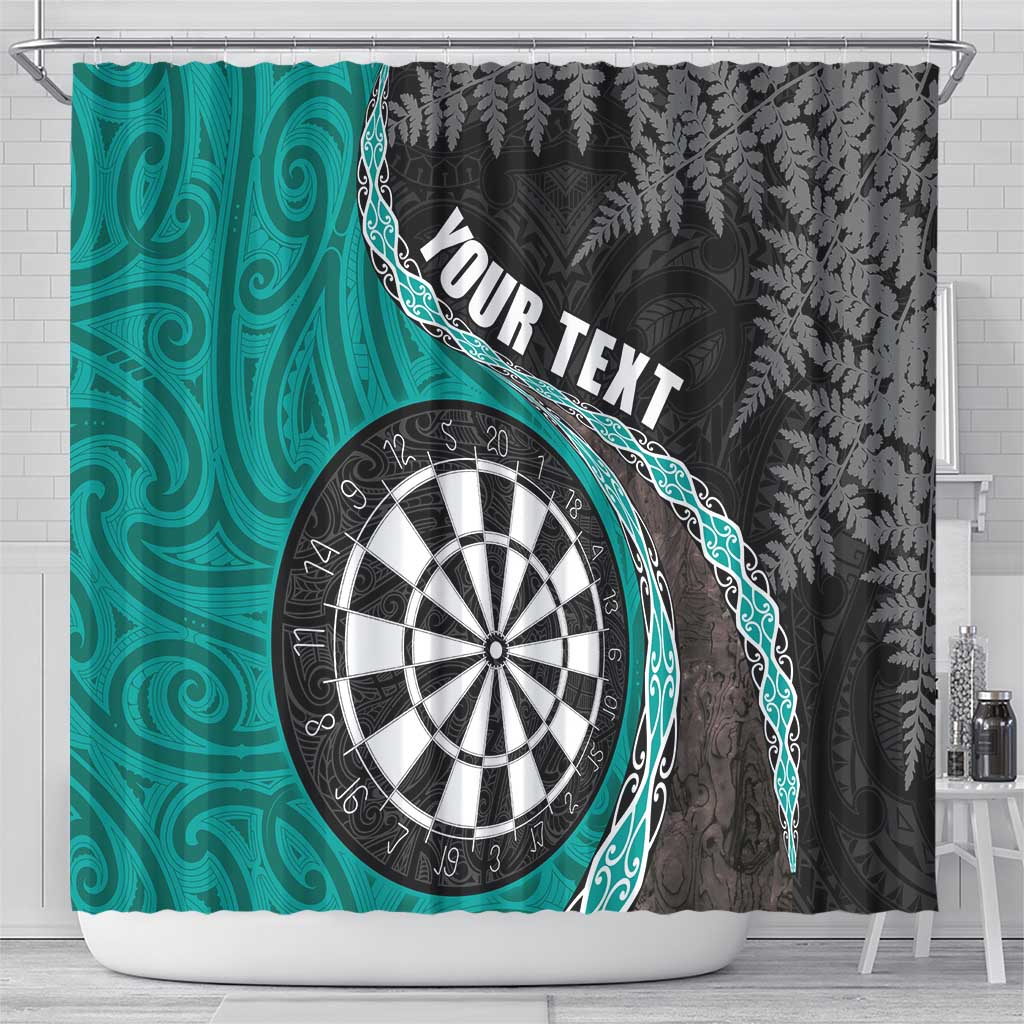 Personalised New Zealand Darts Shower Curtain Koru Tribal Tattoo and Silver Fern Maori Pattern Teal Color LT03 - Polynesian Pride