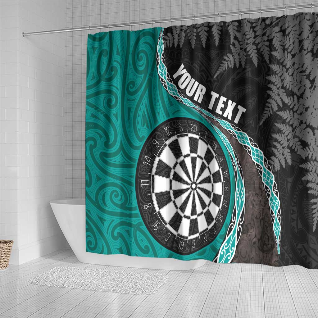 Personalised New Zealand Darts Shower Curtain Koru Tribal Tattoo and Silver Fern Maori Pattern Teal Color LT03 - Polynesian Pride