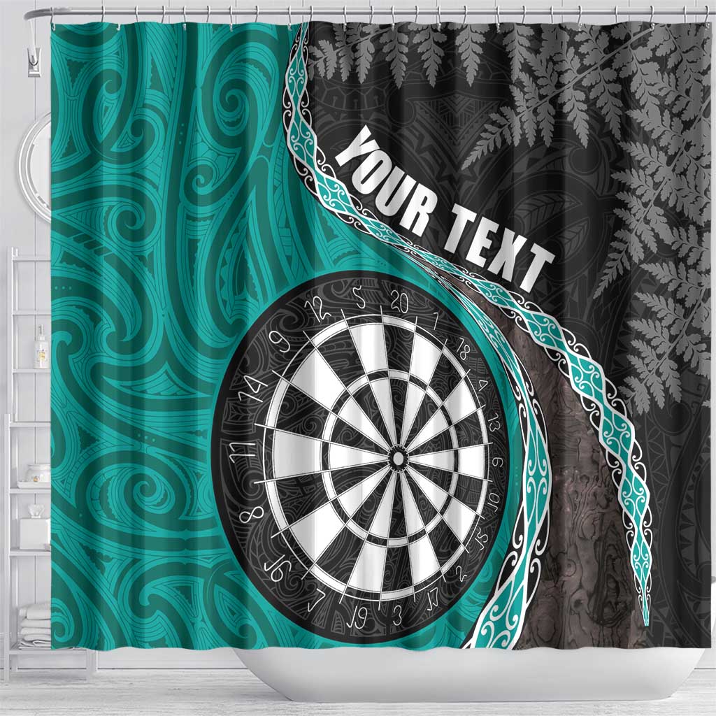 Personalised New Zealand Darts Shower Curtain Koru Tribal Tattoo and Silver Fern Maori Pattern Teal Color LT03 - Polynesian Pride