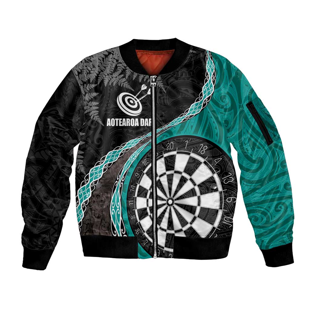 Personalised New Zealand Darts Sleeve Zip Bomber Jacket Koru Tribal Tattoo and Silver Fern Maori Pattern Teal Color LT03 Unisex Teal - Polynesian Pride