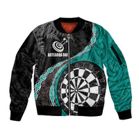 Personalised New Zealand Darts Sleeve Zip Bomber Jacket Koru Tribal Tattoo and Silver Fern Maori Pattern Teal Color LT03 Unisex Teal - Polynesian Pride