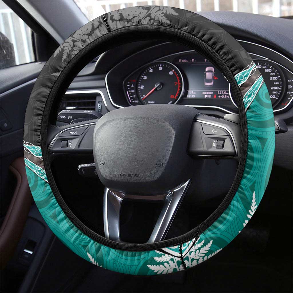 New Zealand Darts Steering Wheel Cover Koru Tribal Tattoo and Silver Fern Maori Pattern Teal Color LT03 - Polynesian Pride