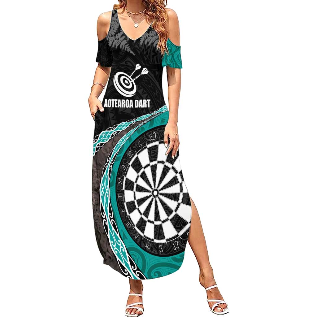 Personalised New Zealand Darts Summer Maxi Dress Koru Tribal Tattoo and Silver Fern Maori Pattern Teal Color LT03 Women Teal - Polynesian Pride