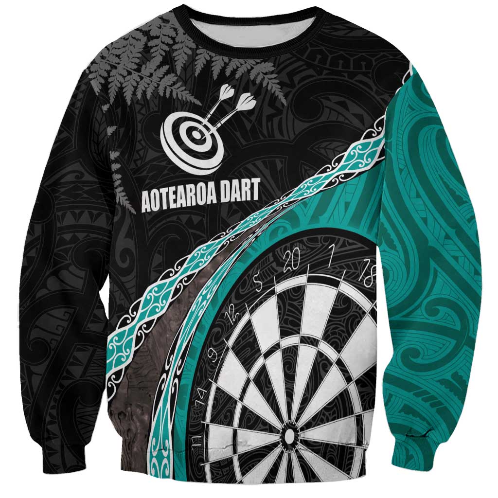 Personalised New Zealand Darts Sweatshirt Koru Tribal Tattoo and Silver Fern Maori Pattern Teal Color LT03 Unisex Teal - Polynesian Pride