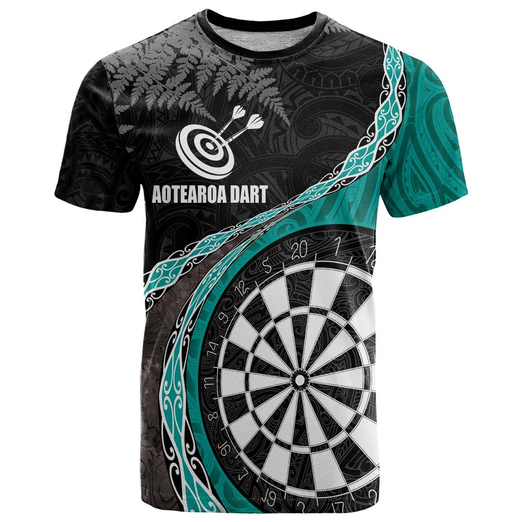 Personalised New Zealand Darts T Shirt Koru Tribal Tattoo and Silver Fern Maori Pattern Teal Color LT03 Teal - Polynesian Pride