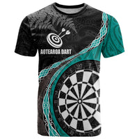 Personalised New Zealand Darts T Shirt Koru Tribal Tattoo and Silver Fern Maori Pattern Teal Color LT03 Teal - Polynesian Pride