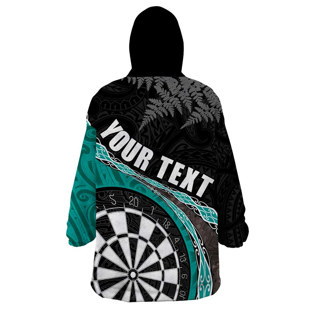 Personalised New Zealand Darts Wearable Blanket Hoodie Koru Tribal Tattoo and Silver Fern Maori Pattern Teal Color LT03 - Polynesian Pride