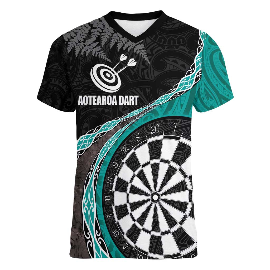 Personalised New Zealand Darts Women V-Neck T-Shirt Koru Tribal Tattoo and Silver Fern Maori Pattern Teal Color LT03 Female Teal - Polynesian Pride