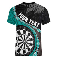 Personalised New Zealand Darts Women V-Neck T-Shirt Koru Tribal Tattoo and Silver Fern Maori Pattern Teal Color LT03 - Polynesian Pride
