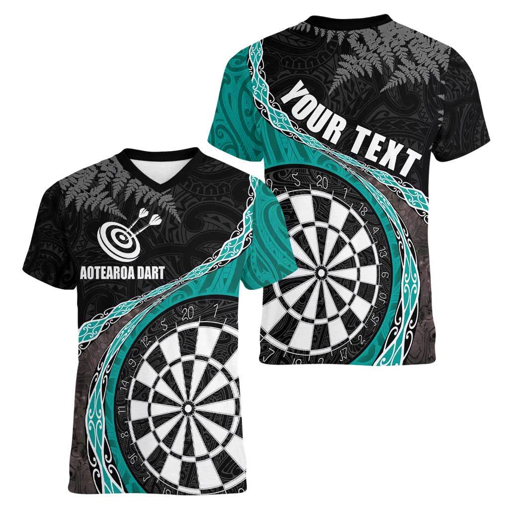 Personalised New Zealand Darts Women V-Neck T-Shirt Koru Tribal Tattoo and Silver Fern Maori Pattern Teal Color LT03 - Polynesian Pride