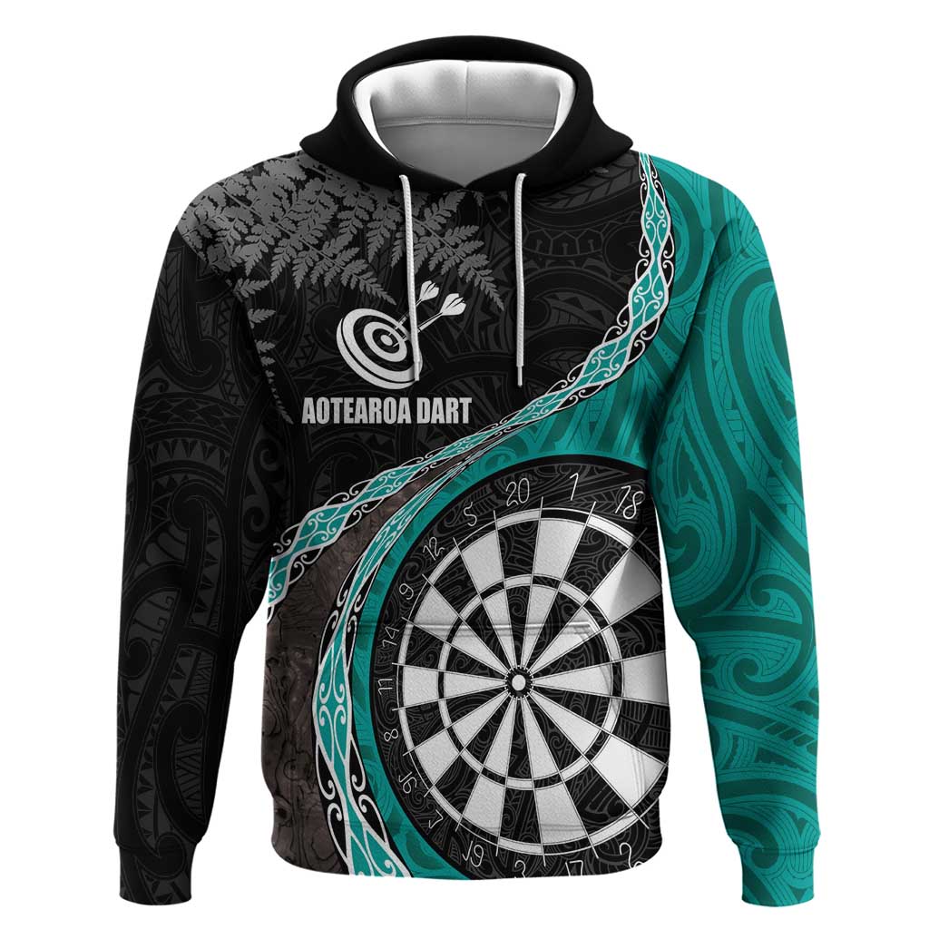 Personalised New Zealand Darts Zip Hoodie Koru Tribal Tattoo and Silver Fern Maori Pattern Teal Color LT03 Pullover Hoodie Teal - Polynesian Pride