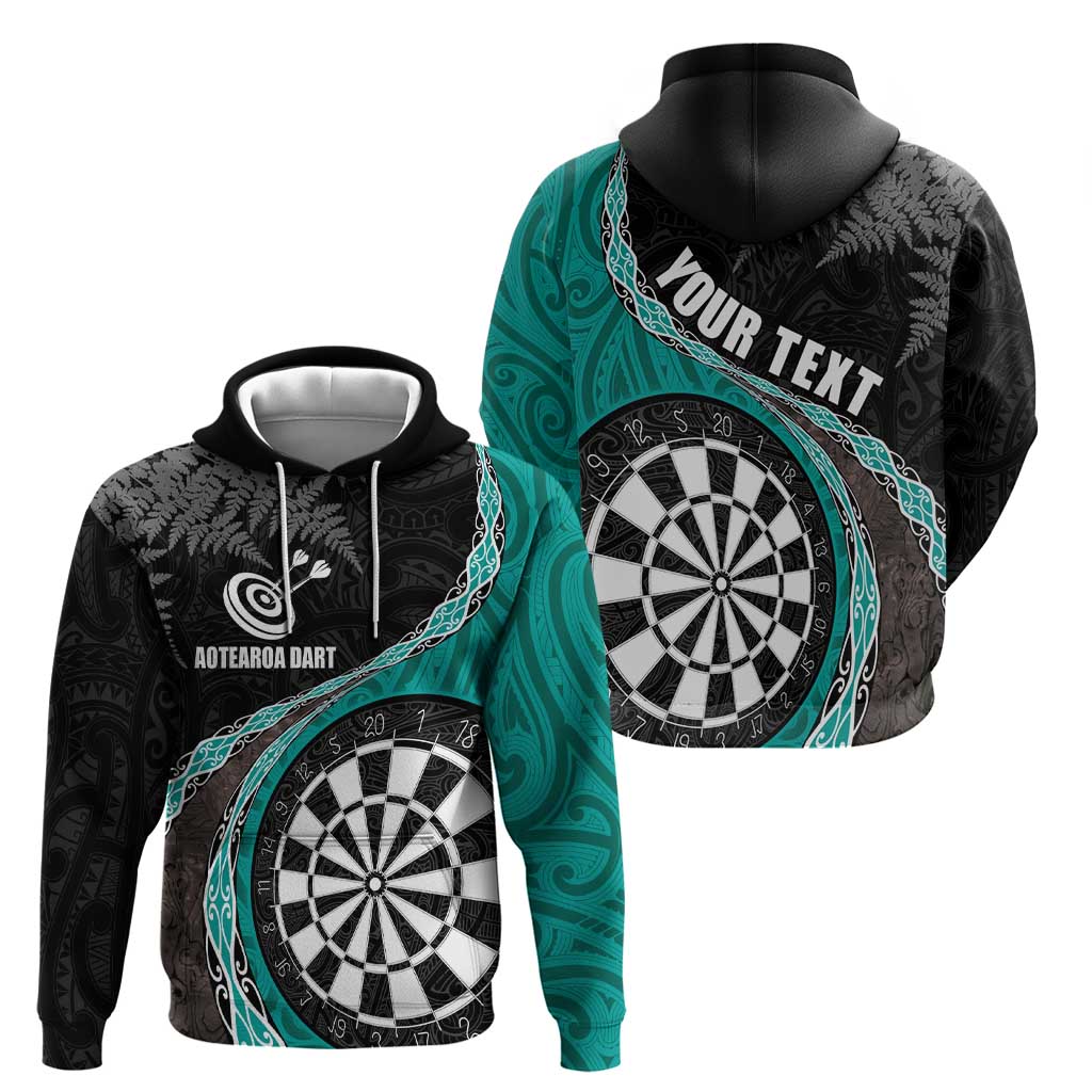 Personalised New Zealand Darts Zip Hoodie Koru Tribal Tattoo and Silver Fern Maori Pattern Teal Color LT03 - Polynesian Pride
