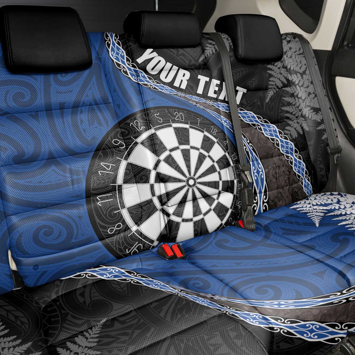Personalised New Zealand Darts Back Car Seat Cover Koru Tribal Tattoo and Silver Fern Maori Pattern Blue Color LT03 - Polynesian Pride