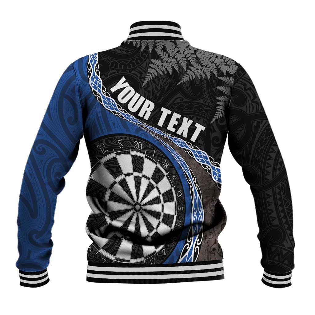 Personalised New Zealand Darts Baseball Jacket Koru Tribal Tattoo and Silver Fern Maori Pattern Blue Color LT03 - Polynesian Pride