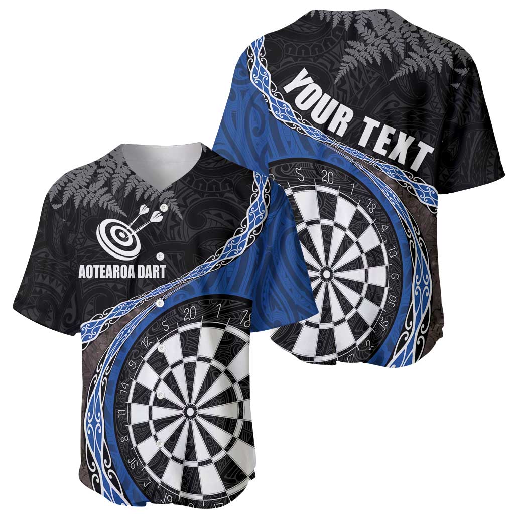 Personalised New Zealand Darts Baseball Jersey Koru Tribal Tattoo and Silver Fern Maori Pattern Blue Color LT03 - Polynesian Pride