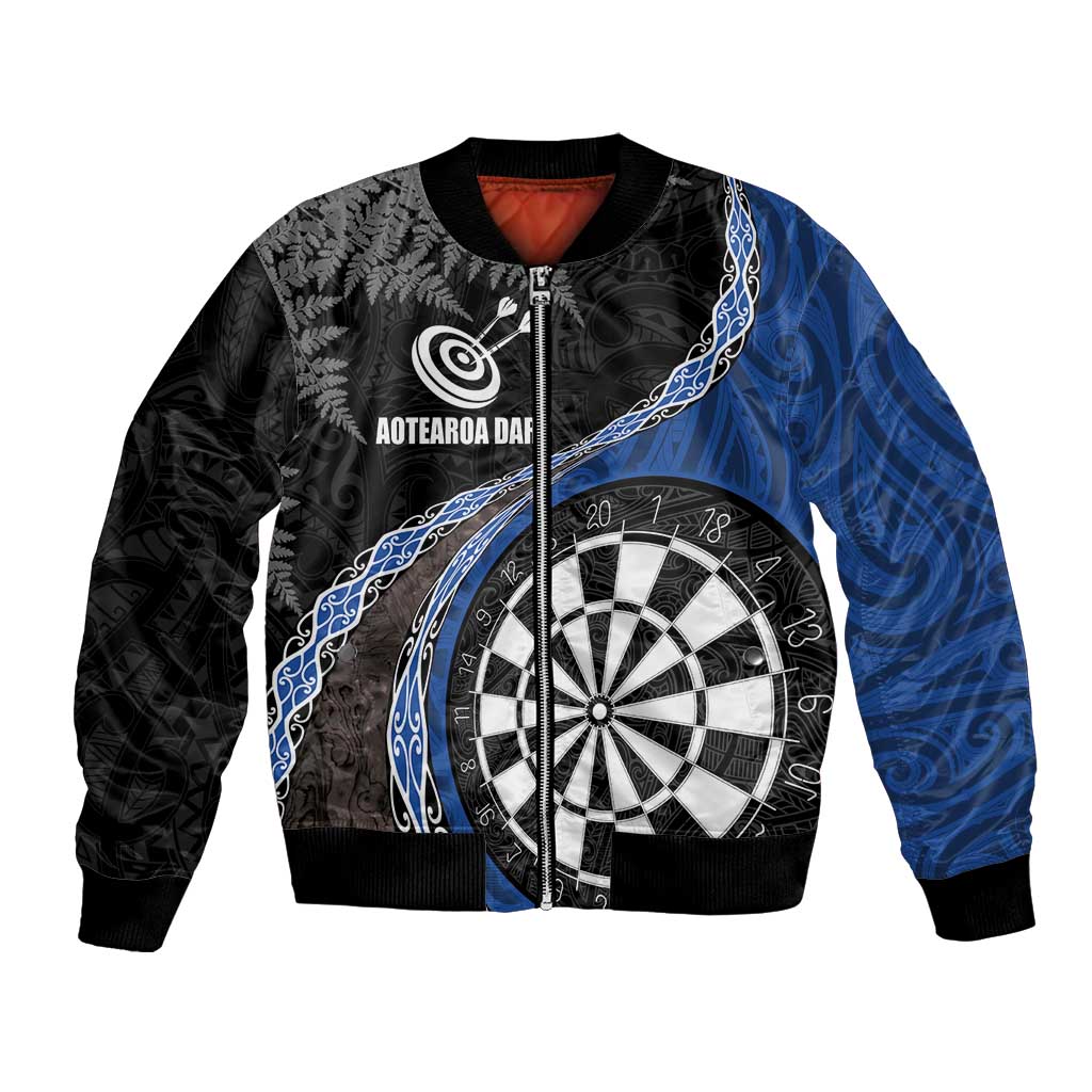 Personalised New Zealand Darts Bomber Jacket Koru Tribal Tattoo and Silver Fern Maori Pattern Blue Color LT03 Unisex Blue - Polynesian Pride