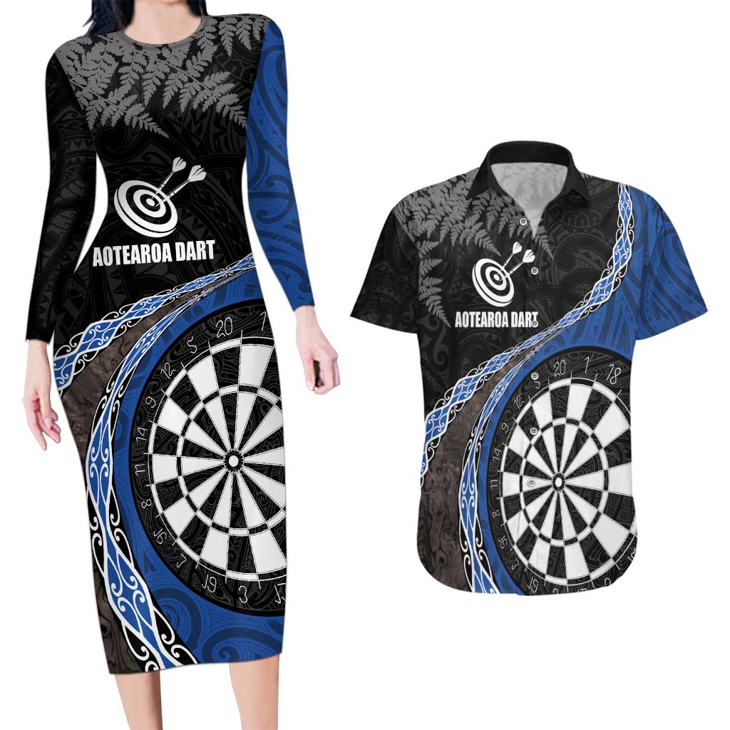 Personalised New Zealand Darts Couples Matching Long Sleeve Bodycon Dress and Hawaiian Shirt Koru Tribal Tattoo and Silver Fern Maori Pattern Blue Color LT03 Blue - Polynesian Pride