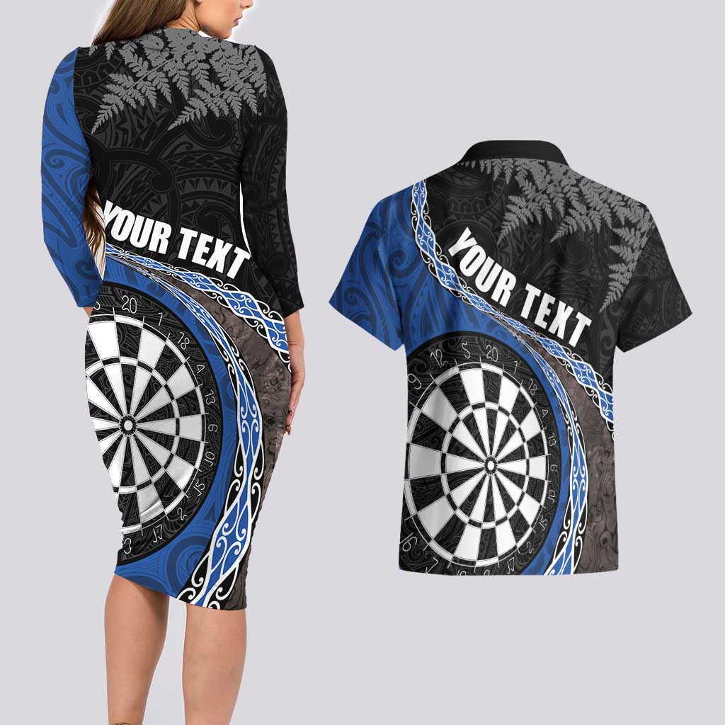 Personalised New Zealand Darts Couples Matching Long Sleeve Bodycon Dress and Hawaiian Shirt Koru Tribal Tattoo and Silver Fern Maori Pattern Blue Color LT03 - Polynesian Pride