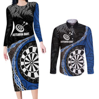 Personalised New Zealand Darts Couples Matching Long Sleeve Bodycon Dress and Long Sleeve Button Shirt Koru Tribal Tattoo and Silver Fern Maori Pattern Blue Color LT03 Blue - Polynesian Pride