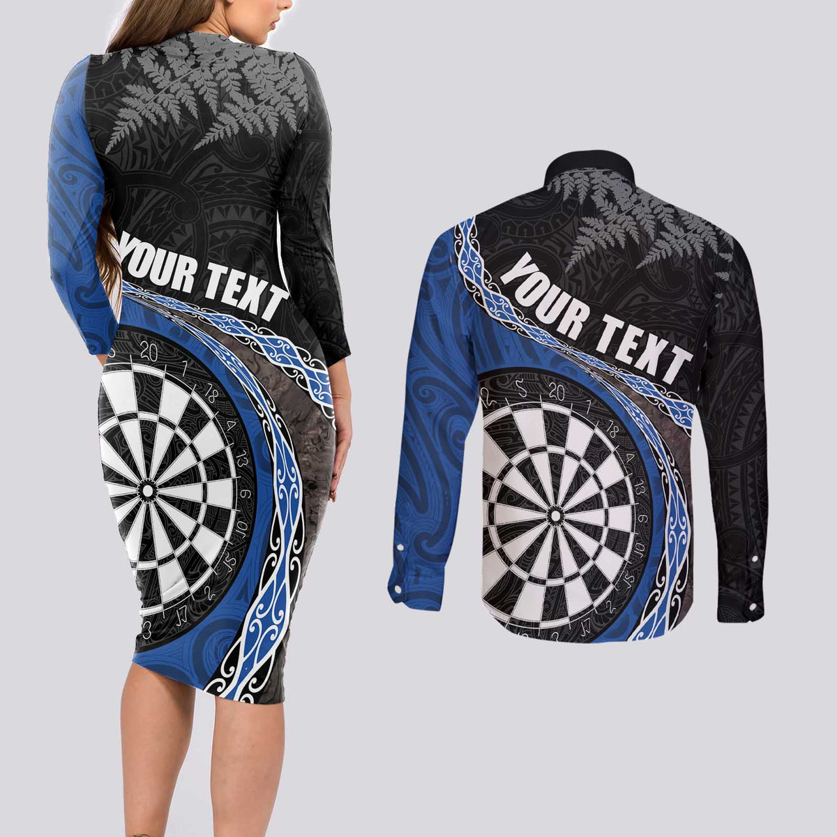 Personalised New Zealand Darts Couples Matching Long Sleeve Bodycon Dress and Long Sleeve Button Shirt Koru Tribal Tattoo and Silver Fern Maori Pattern Blue Color LT03 - Polynesian Pride