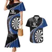 Personalised New Zealand Darts Couples Matching Mermaid Dress and Hawaiian Shirt Koru Tribal Tattoo and Silver Fern Maori Pattern Blue Color LT03 Blue - Polynesian Pride