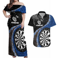 Personalised New Zealand Darts Couples Matching Off Shoulder Maxi Dress and Hawaiian Shirt Koru Tribal Tattoo and Silver Fern Maori Pattern Blue Color LT03 Blue - Polynesian Pride