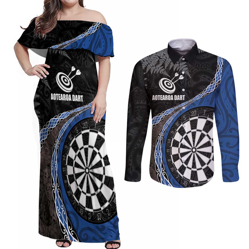 Personalised New Zealand Darts Couples Matching Off Shoulder Maxi Dress and Long Sleeve Button Shirt Koru Tribal Tattoo and Silver Fern Maori Pattern Blue Color LT03 Blue - Polynesian Pride