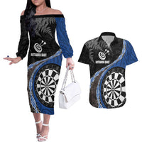 Personalised New Zealand Darts Couples Matching Off The Shoulder Long Sleeve Dress and Hawaiian Shirt Koru Tribal Tattoo and Silver Fern Maori Pattern Blue Color LT03 Blue - Polynesian Pride